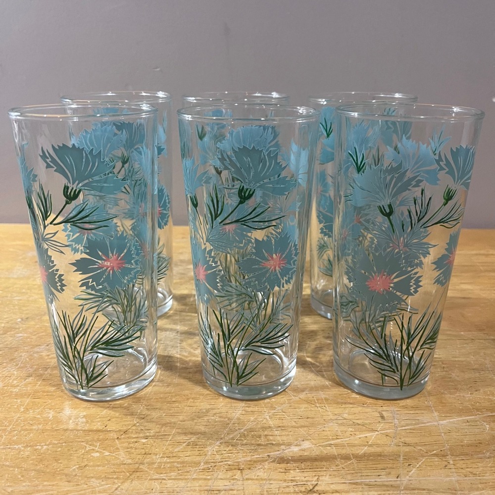 Vtg Taylor Smith & Taylor Ever Yours Teal Floral Glass 6.5" Tumblers Set of 6